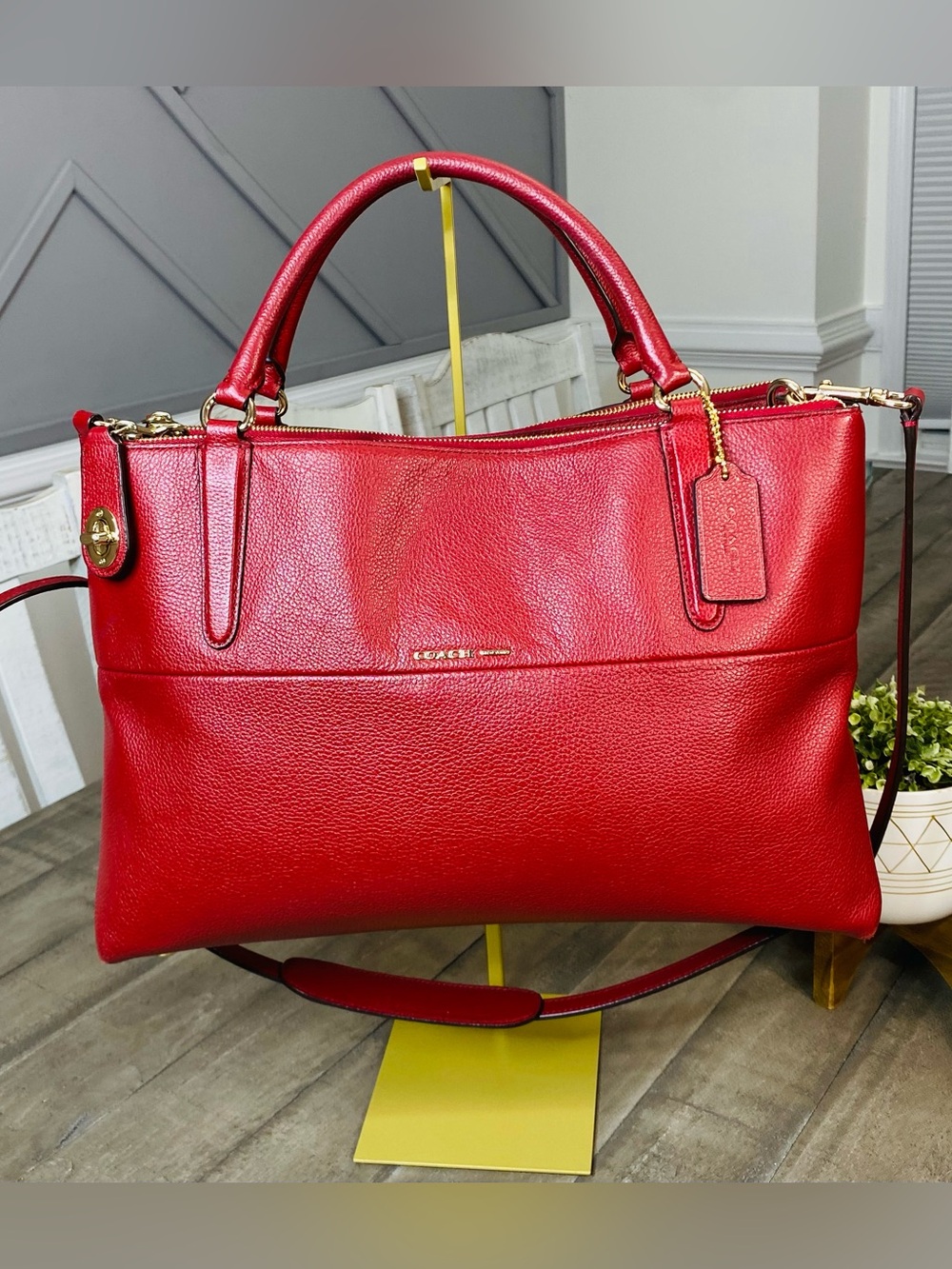 Coach Borough Red Pebbled Leather Carryall Satchel Tote Bag Large Turnlock
